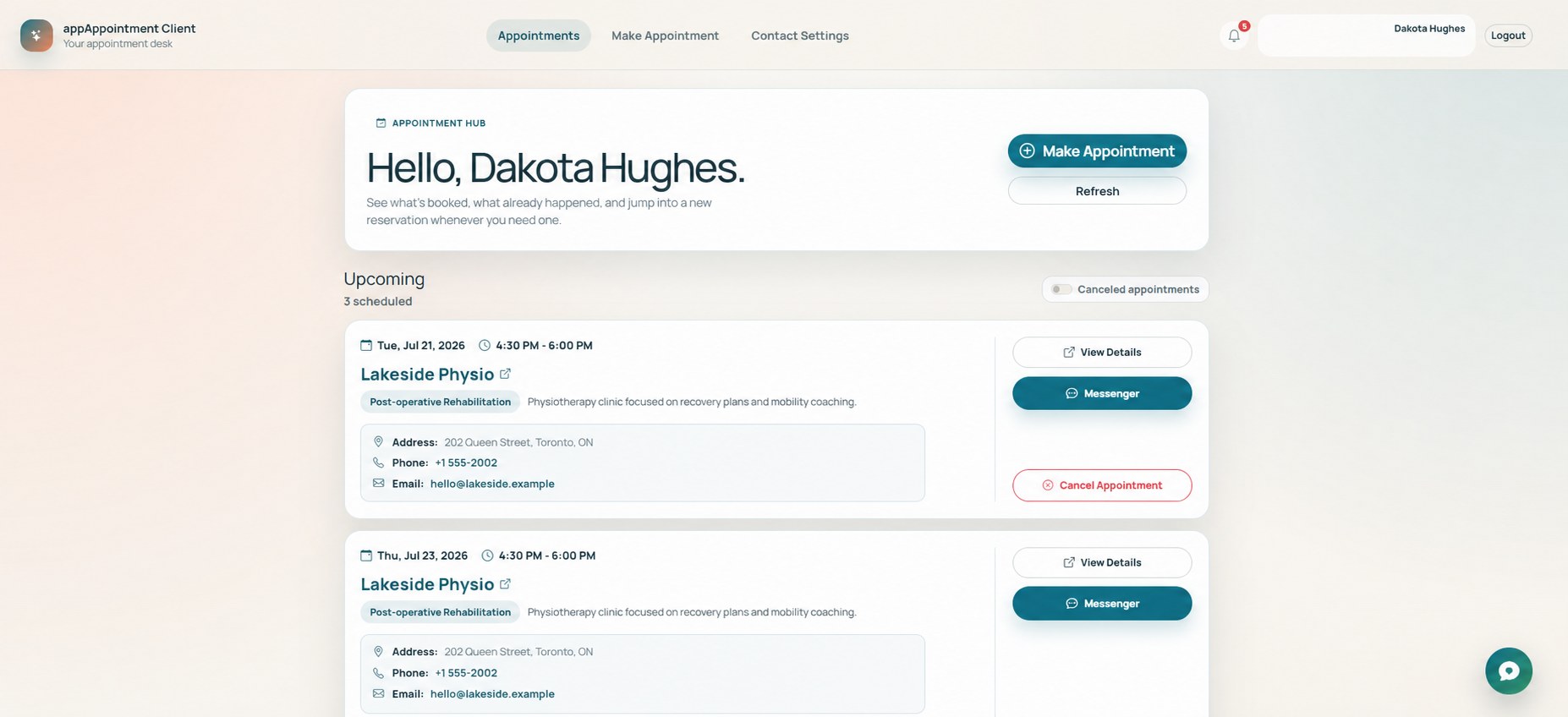 AppClient appointment hub showing upcoming appointments with provider details and actions.